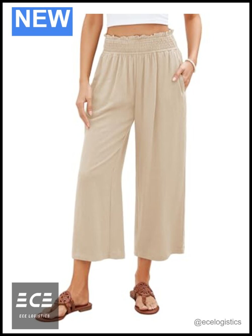 High Waisted Wide Leg Linen Capri Palazzo Pants Pull On Elastic Waist